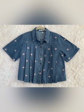 Solitaire Blue Denim Top with Pink Floral Embroidery (SKU716)